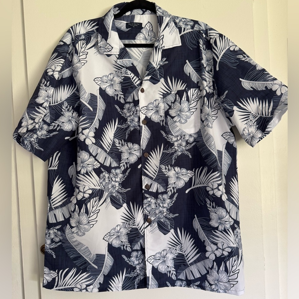 Men's Hawaiian Shirt XL White Blue Floral Short Sleeve Button Up Summer Palm